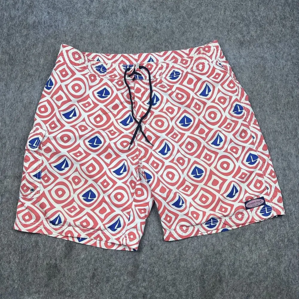 Vineyard Vines Men's Chappy Swim Trunks Board Shorts Red Blue Boats Swim Size 38